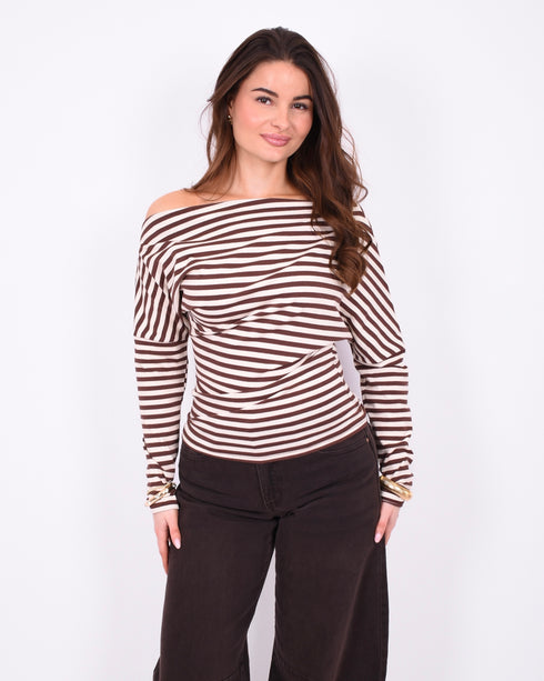 Striped off shoulder top crème/brown