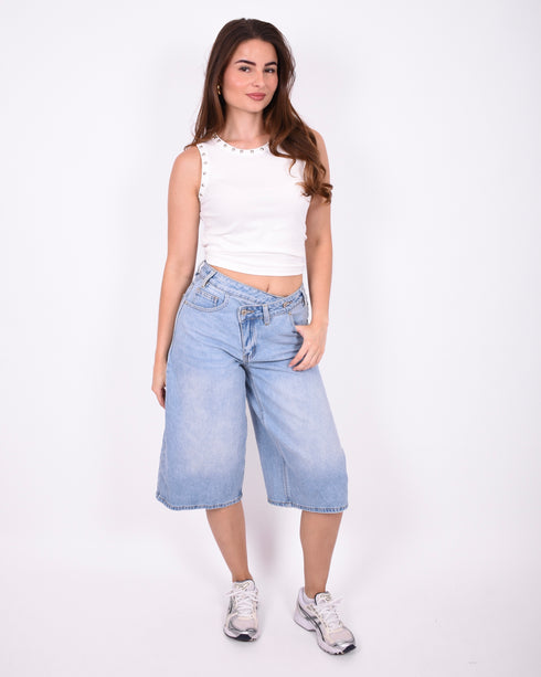 cross waist stretch jort