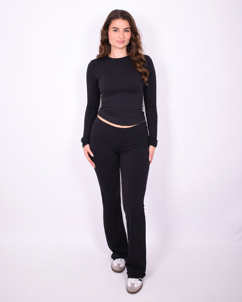 fold over flared pants black