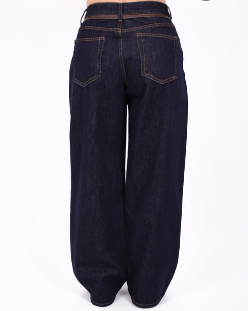 Leather waist jeans dark blue