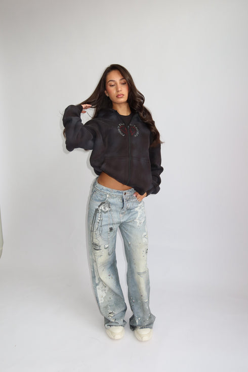 Priority Rhinestone zip up hoodie black