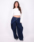 pleated wide leg stretch jeans dark blue