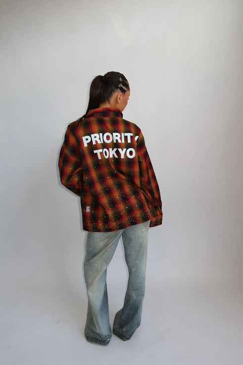 priority x tokyo checked rhinestone blouse