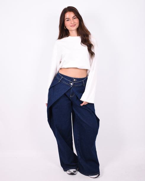 pleated wide leg stretch jeans dark blue