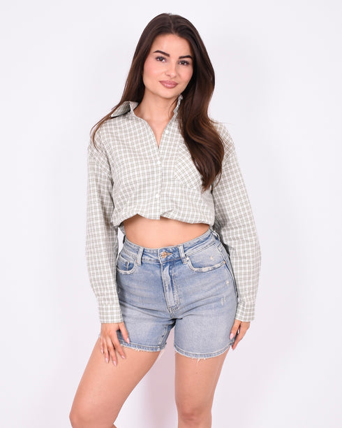 Checked rhinestone blouse matcha