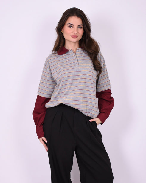 longsleeve striped shirt grey/bordeaux