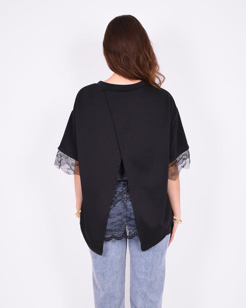 lace back split t-shirt black
