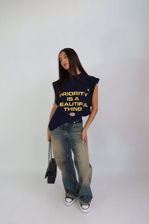 priority sleeveless tee navy