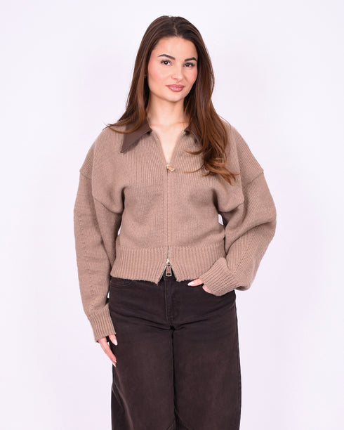 Zip knit top taupe