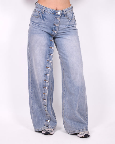 button wide leg jeans light blue