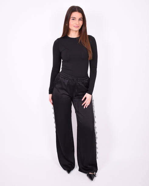 satin lace pants black