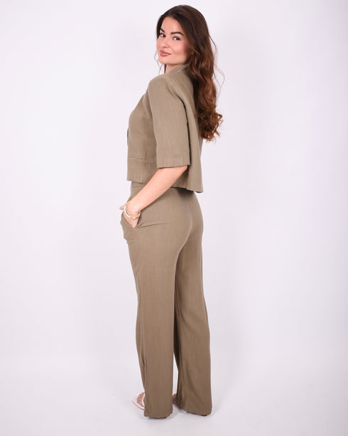 Linnen split blazer set green