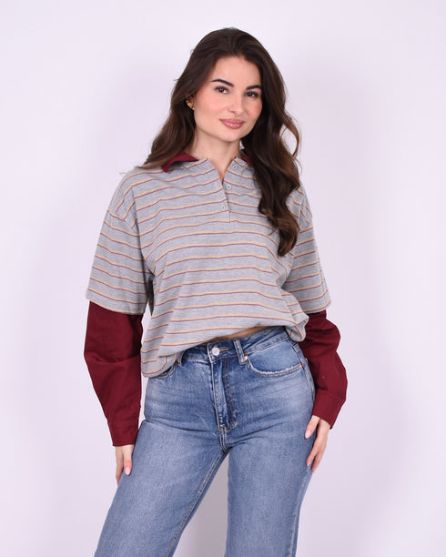 longsleeve striped shirt grey/bordeaux