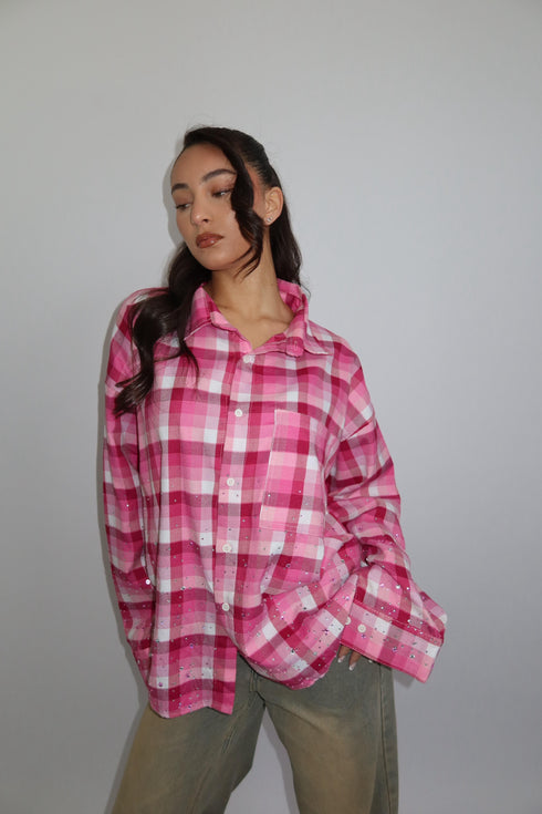 priority checkered rhinestone blouse pink