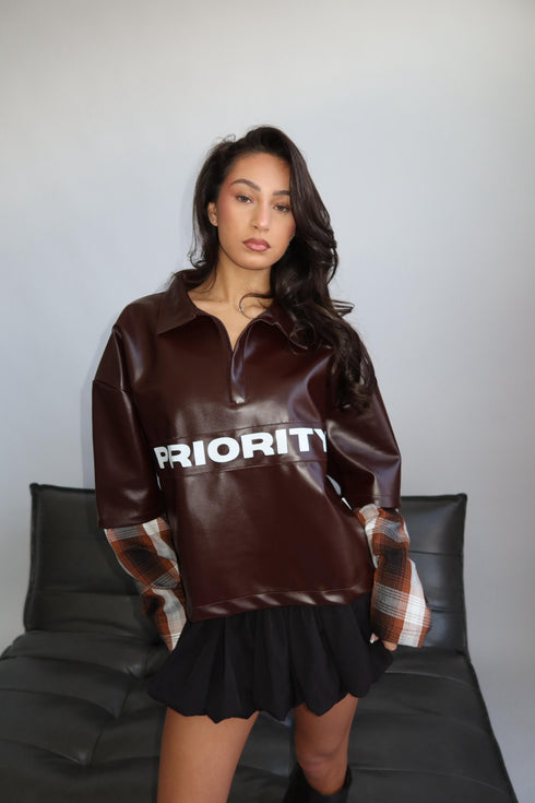 Priority layered Leather longsleeve Brown