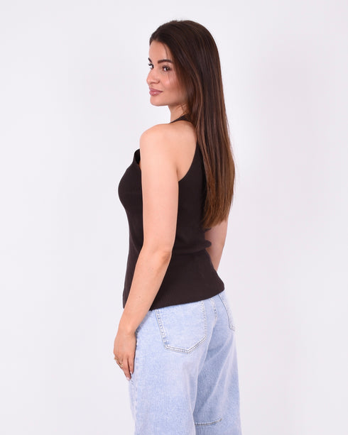 button knit v-neck top brown