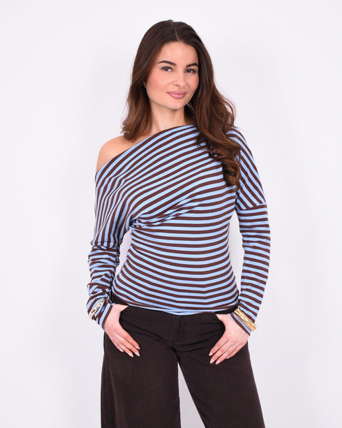 Striped off shoulder top blue/brown