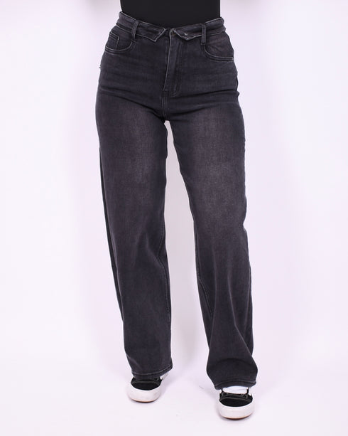 Foldover balloon stretch jeans washed black