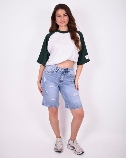 distressed stretch jort blue