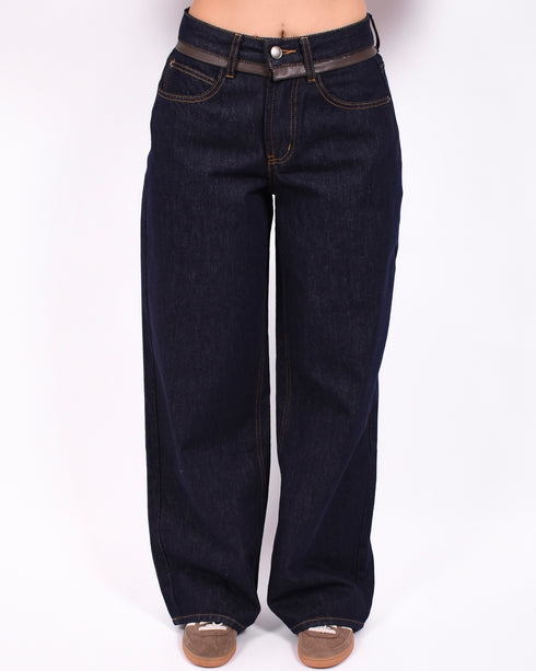Leather waist jeans dark blue