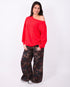 off shoulder studs sweater red