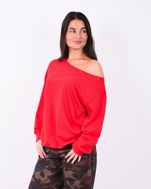 off shoulder studs sweater red