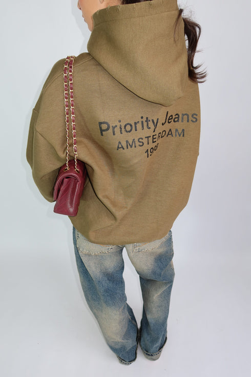 Priority destroyed hoodie kaki