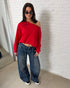 off shoulder studs sweater red